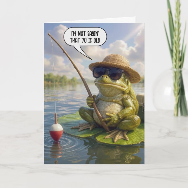 Cartão 70th Birthday Frog Fishing on Lily Pad (Frente)