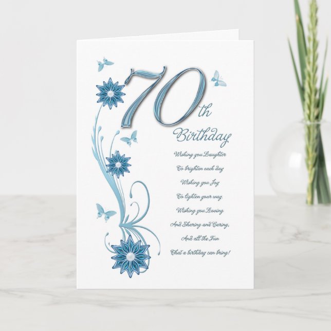 Cartão 70th birthday in teal with flowers and butterfly (Frente)