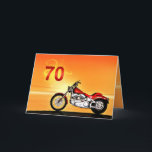 Cartão 70th birthday Motorcycle sunset<br><div class="desc">A motorbike similar to a Harley standing by the sea with a glorious orange sunset. A great card for anybody who likes biking and motorcycles.See the whole range of cards for ages and relationships in my store. All artwork copyright Norma Cornes</div>