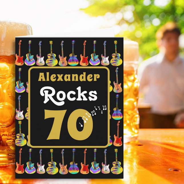 Cartão 70th birthday Retro Groovy Guitar Personalized (Music lovers Guitar 70th birthday personalized name rocks 70 black & gold rock and roll folded card)