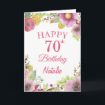 Cartão 70th Birthday Watercolor Floral Flowers Pink Card<br><div class="desc">70th Birthday Watercolor Floral Flowers Pink Card with personalized name and age. For further customization,  please click the "Customize it" button and use our design tool to modify this template.</div>