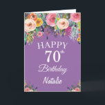 Cartão 70th Birthday Watercolor Floral Flowers Purple<br><div class="desc">70th Birthday Watercolor Floral Flowers Purple Card with personalized name and age. For further customization,  please click the "Customize it" button and use our design tool to modify this template.</div>