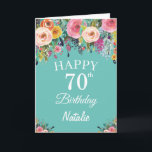 Cartão 70th Birthday Watercolor Floral Flowers Teal<br><div class="desc">70th Birthday Watercolor Floral Flowers Teal Card with personalized name and age. For further customization,  please click the "Customize it" button and use our design tool to modify this template.</div>