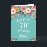 Cartão 70th Birthday Watercolor Floral Flowers Teal<br><div class="desc">70th Birthday Watercolor Floral Flowers Teal Card with personalized name and age. For further customization,  please click the "Customize it" button and use our design tool to modify this template.</div>