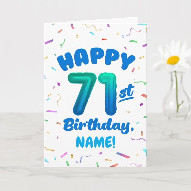 Cartão 71st Birthday, Balloon Number, Customizable Name (Planta pequena)