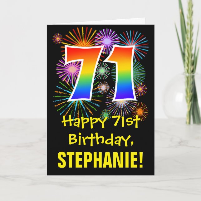 Cartão 71st Birthday: Fun Fireworks Pattern + Rainbow 71 (Frente)