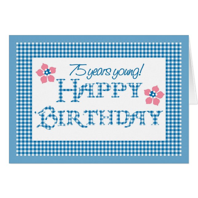 Cartão 75º aniversário, Blue Check Gingham Pattern (Frente Horizontal)