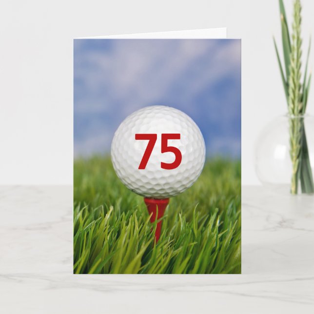 Cartão 75º aniversário da Bola de Golfe no Tee Vermelho (Frente)