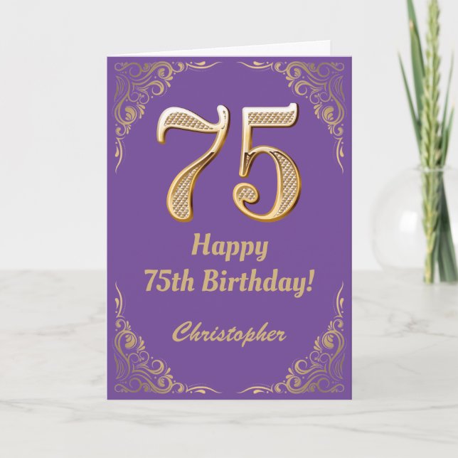 Cartão 75.º aniversário, Roxo e Dourado quadro de brilho (Frente)
