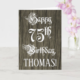 Cartão 75.o aniversário: Rico, Texto Elegante; Faux Wood