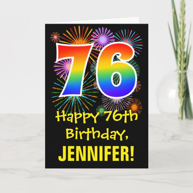 Cartão 76th Birthday: Fun Fireworks Pattern + Rainbow 76 (Frente)