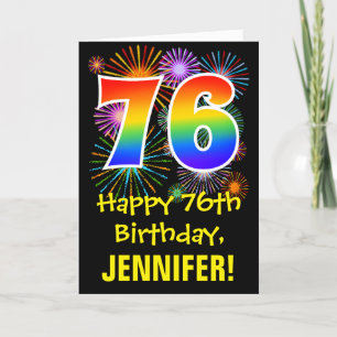 Cartão 76th Birthday: Fun Fireworks Pattern + Rainbow 76