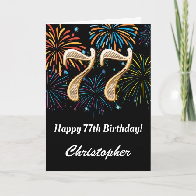 Cartão 77º aniversário do Rainbow Fireworks Black and Dou (Frente)