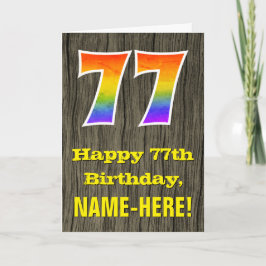 Cartão 77º aniversário: Rustic Faux Wood Look, Rainbow "7
