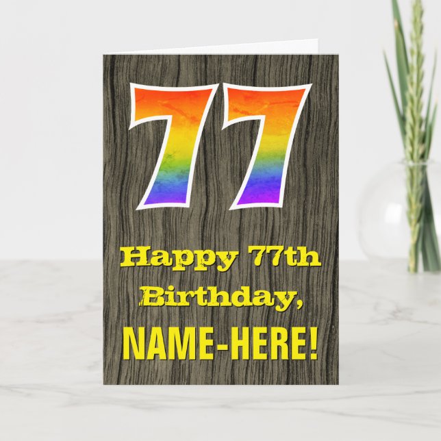Cartão 77º aniversário: Rustic Faux Wood Look, Rainbow "7 (Frente)