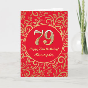 Cartão 79º Aniversário, Vermelho e Dourado Padrão Floral