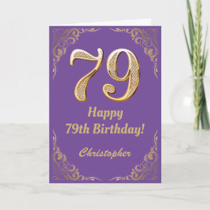 Cartão 79.º aniversário, Roxo e Dourado quadro de brilho