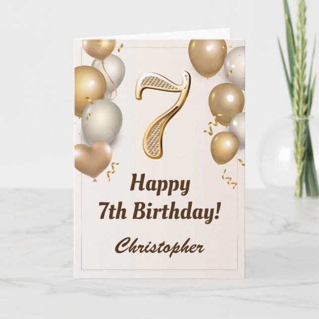 Cartão 7 Birthday Dourado Balloons e Confetti Aniversário (Frente)