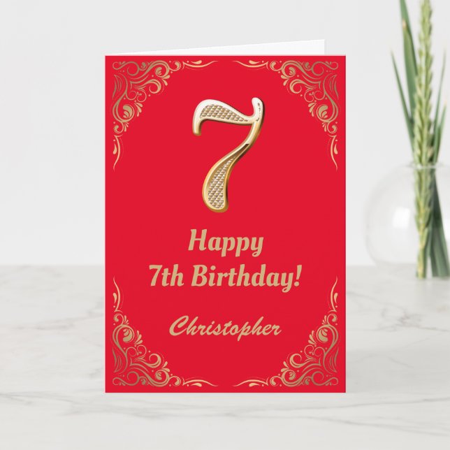 Cartão 7 Birthday Red and Dourado Glitter Frame (Frente)