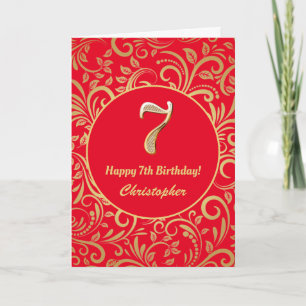 Cartão 7 Birthday Red e Dourado Padrão Floral