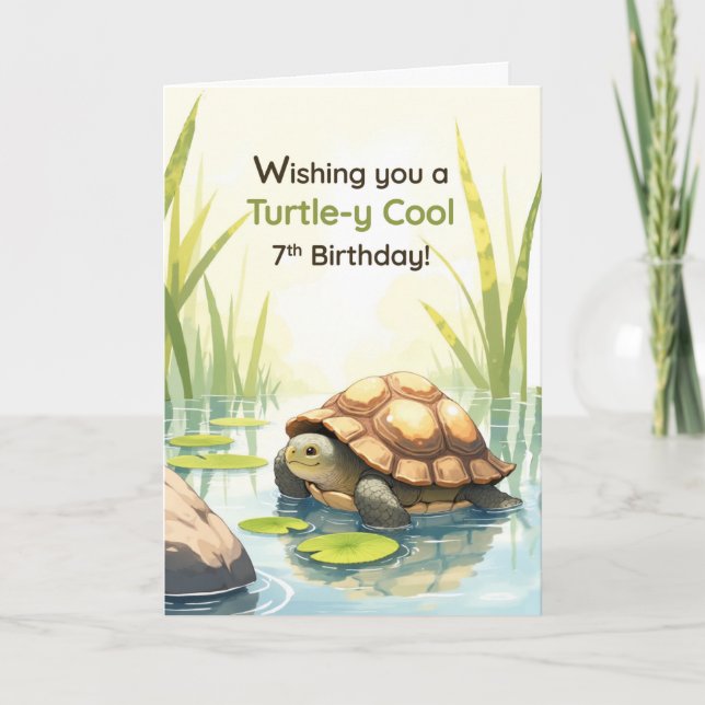 Cartão 7 Birthday Turtley Legal Real Tortoise Pond (Frente)