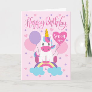 Cartão 7 Birthday Unicorn Sentado No Arco-Íris