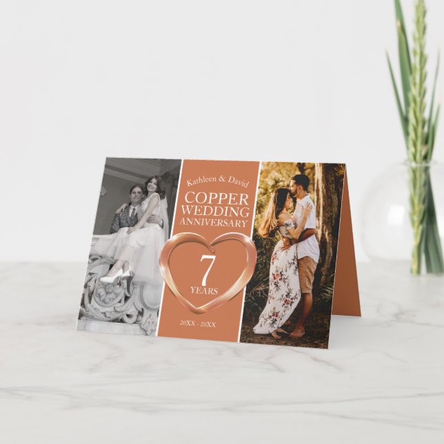 Cartão 7 de aniversário de casamento de cobre agora e dep (Frente)