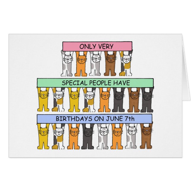 Cartão 7 de junho aniversário, gatos dos desenhos (Frente Horizontal)
