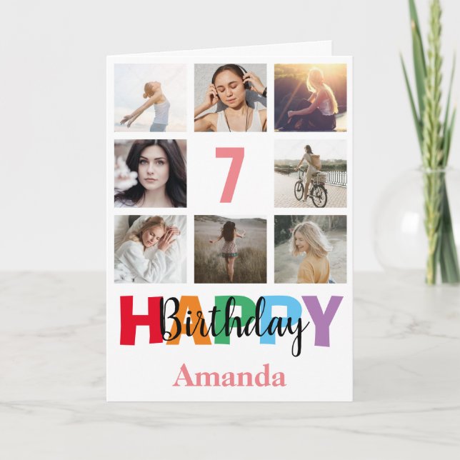 Cartão 7 Feliz Aniversário Colagem de Fotos Moderna Rosa (Frente)