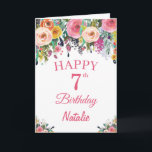 Cartão 7th Birthday Watercolor Floral Flowers Pink Card<br><div class="desc">7th Birthday Watercolor Floral Flowers Pink Card with personalized name and age. For further customization,  please click the "Customize it" button and use our design tool to modify this template.</div>