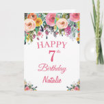 Cartão 7th Birthday Watercolor Floral Flowers Pink Card<br><div class="desc">7th Birthday Watercolor Floral Flowers Pink Card with personalized name and age. For further customization,  please click the "Customize it" button and use our design tool to modify this template.</div>