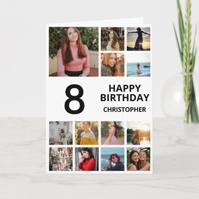 Cartão 8º Aniversário Colagem de Fotos 13 Fotos Pretas e  (Frente)