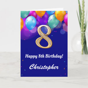 Cartão 8º Aniversário Marinho Azul e Dourado Balões Co