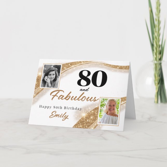 Cartão 80 and Fabulous Gold Glitter Photo 80th Birthday (Frente)