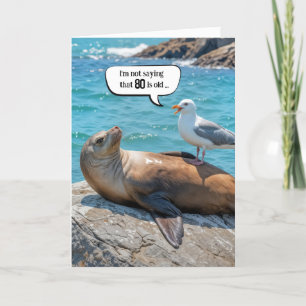 Cartão 80 Aniversário Humor Seagull Empoleirado num leão