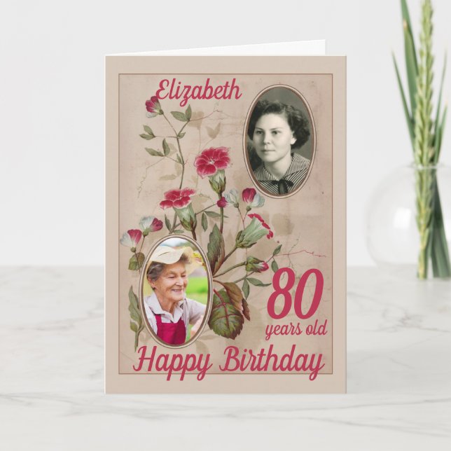 Cartão 80 Birthday Floral Vintage Foto (Frente)