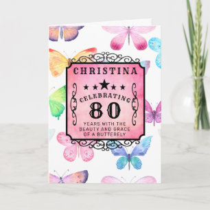 Cartão 80 Birthday Pink Watercolor Butterfly Saudação