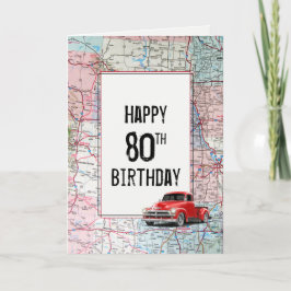 Cartão 80 Birthday Red Retro Truck no Mapa