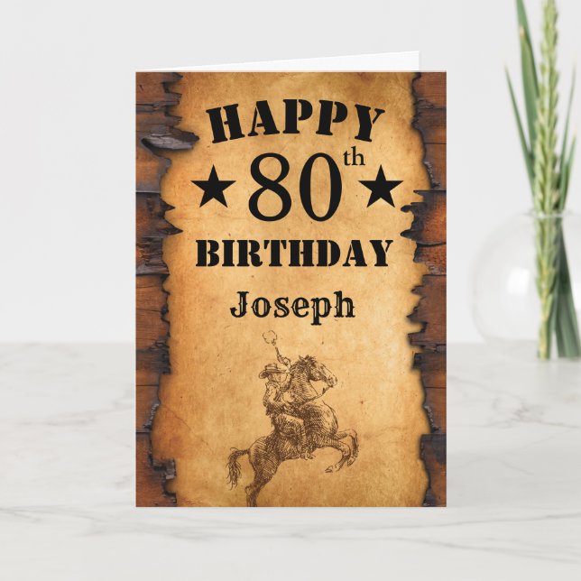 Cartão 80 Birthday Rustic Country Western Cowboy Horse (Frente)
