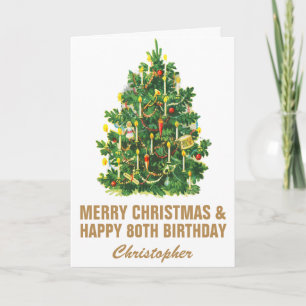 Cartão 80 Feliz Aniversário e Feliz Árvore de Natal
