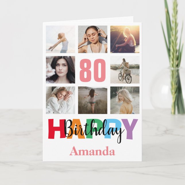 Cartão 80 Happy Birthday Photo Collage Modern Pink Card (Frente)