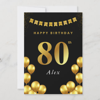 Cartão 80th Birthday Card Black and Gold Balloons