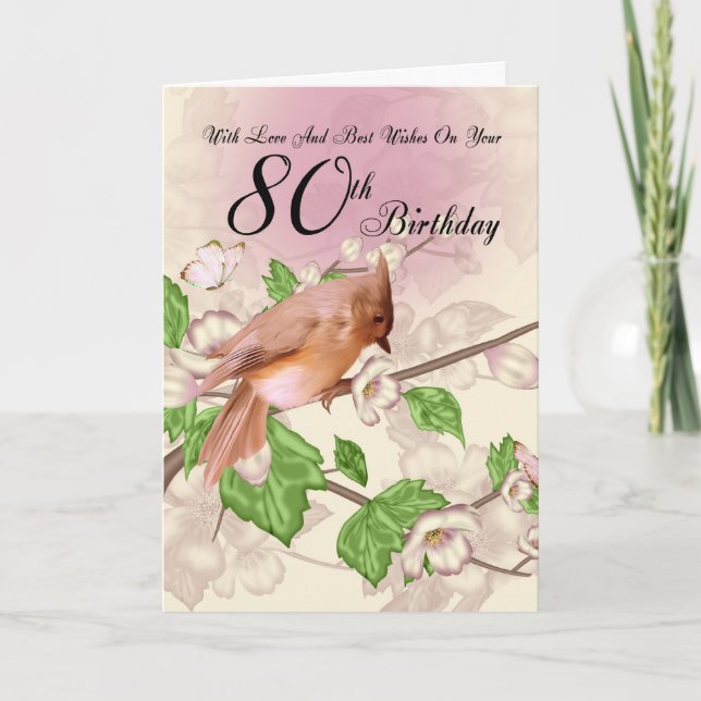 Cartão 80th Birthday Card With Bird And Blossom (Frente)