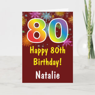 Cartão 80th Birthday Colorful Rainbow Fireworks Red