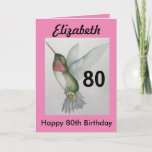 Cartão 80th Birthday Elegant Pink Hummingbird Watercolor<br><div class="desc">Celebrate her 80th birthday with an elegant hummingbird design on a charming greeting card. Created from my original watercolour painting, the lovely little bird image will brighten the 80 birthday for birdwatchers and nature lovers. The special woman in your life will love the pastel colours of cream, pink and teal...</div>
