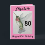 Cartão 80th Birthday Elegant Pink Hummingbird Watercolor<br><div class="desc">Celebrate her 80th birthday with an elegant hummingbird design on a charming greeting card. Created from my original watercolour painting, the lovely little bird image will brighten the 80 birthday for birdwatchers and nature lovers. The special woman in your life will love the pastel colours of cream, pink and teal...</div>
