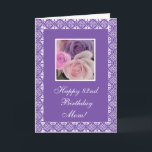 Cartão 82nd birthday roses (change age)<br><div class="desc">Birthday Greeting card with lace frame and photo of roses on purple / lavender background. Personalize your message! Tarjeta postal  en ingles con una foto de roses para el cumples de una mama. Personalize su mensaje! (puede replazar el texto escrito) Photography by Maria Santos (Lusinhas do Sul)</div>