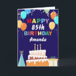 Cartão 85th Happy Birthday Balloons Cake Navy Blue<br><div class="desc">85th Happy Birthday Colorful Balloons Cake Navy Blue with personalized name. For further customization,  please click the "Customize it" button and use our design tool to modify this template.</div>