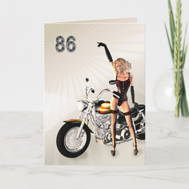 Cartão 86º aniversário, moto e moça (Frente)