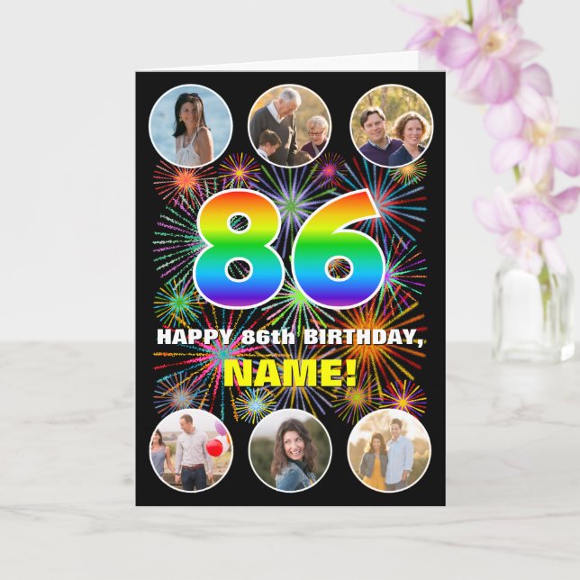 Cartão 86.º aniversário: Divertido Rainbow #, nome person (Orquídea)